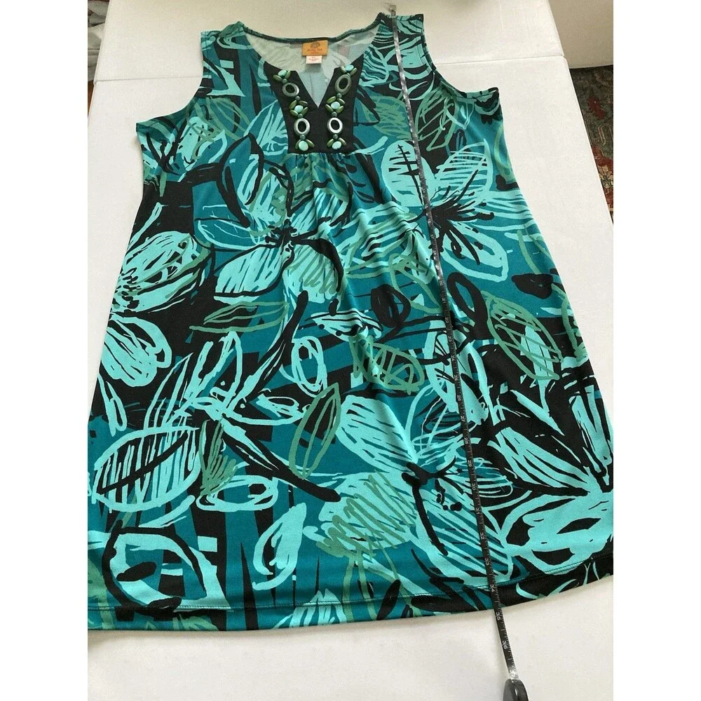 Ruby Rd. Dress Shift PL Floral Blue Green Embellished V-Neck Excellent Condition